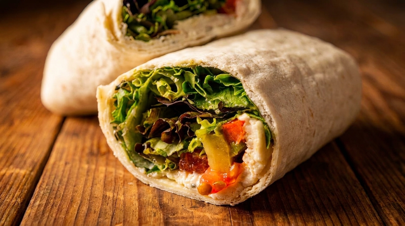 Two fresh wraps filled with green lettuce, red tomatoes, and white sauce on a wooden table.