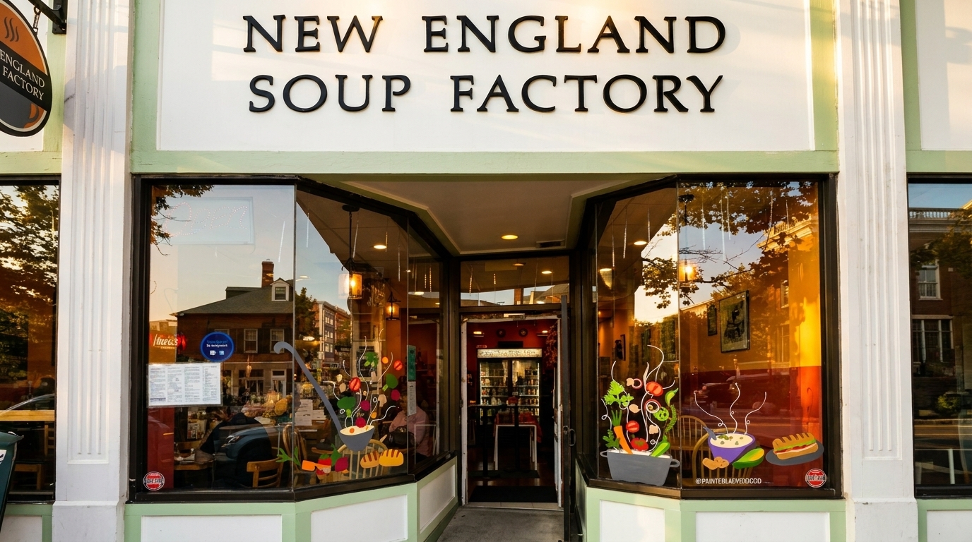 The storefront of New England Soup Factory, with large windows reflecting the street and colorful food decals.