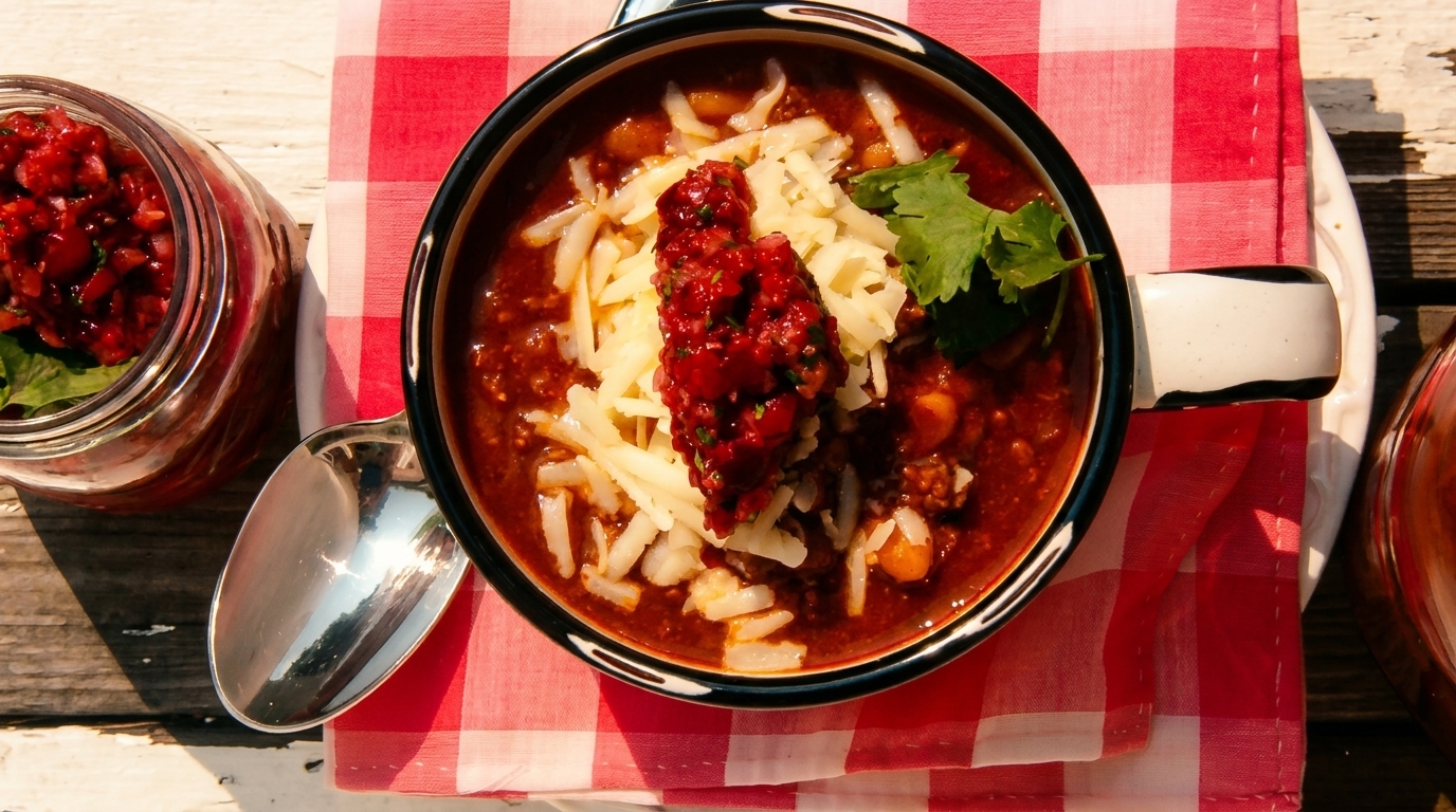 Overhead view of a bowl of chili with shredded cheese, salsa, and cilantro on a red and white checkered napkin.