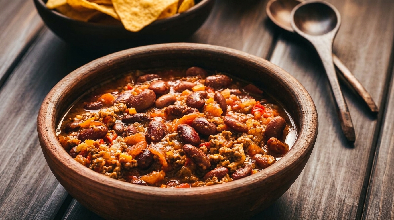 Hearty chili with beans and ground meat in a rustic wooden bowl, with tortilla chips and spoons.