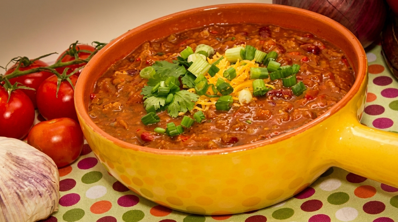 Hearty chili in a yellow bowl, topped with shredded cheese, green onions, and cilantro, with fresh tomatoes and garlic.