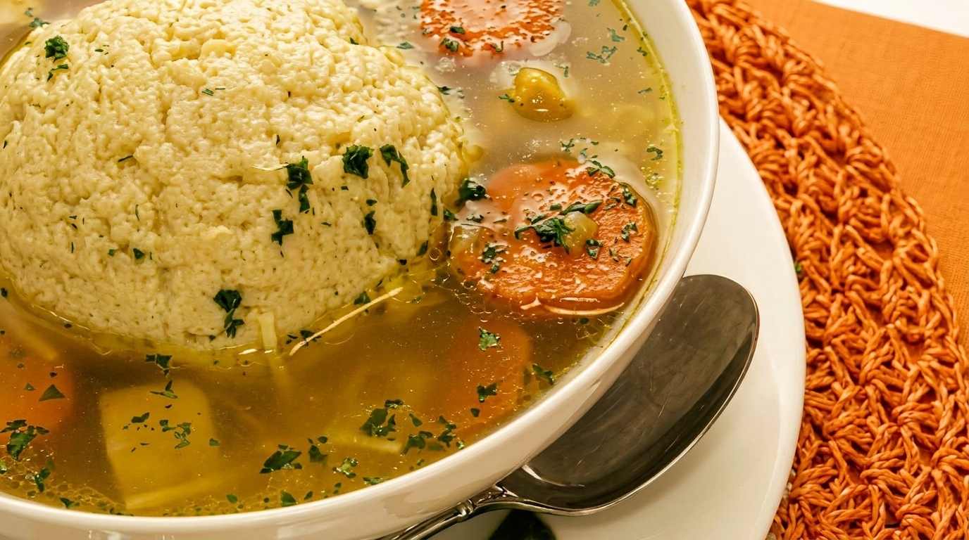 Close-up of a bowl of matzo ball soup with carrots and parsley on an orange placemat.