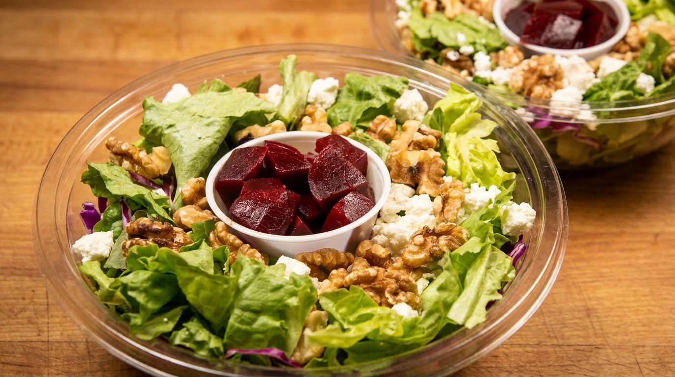 Two plastic containers of fresh green salad with walnuts, feta cheese, and a cup of beets.