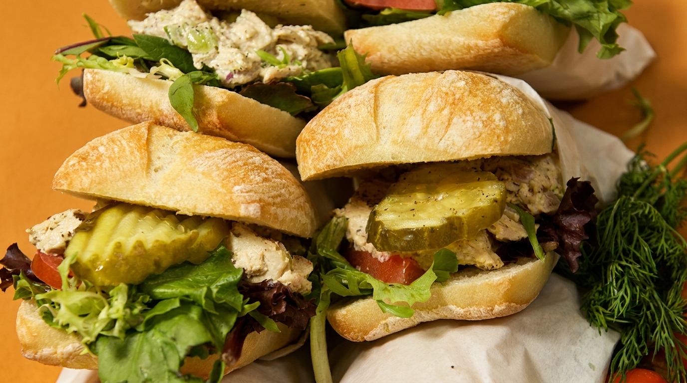Several chicken salad sandwiches on ciabatta rolls with lettuce, tomato, and pickles.