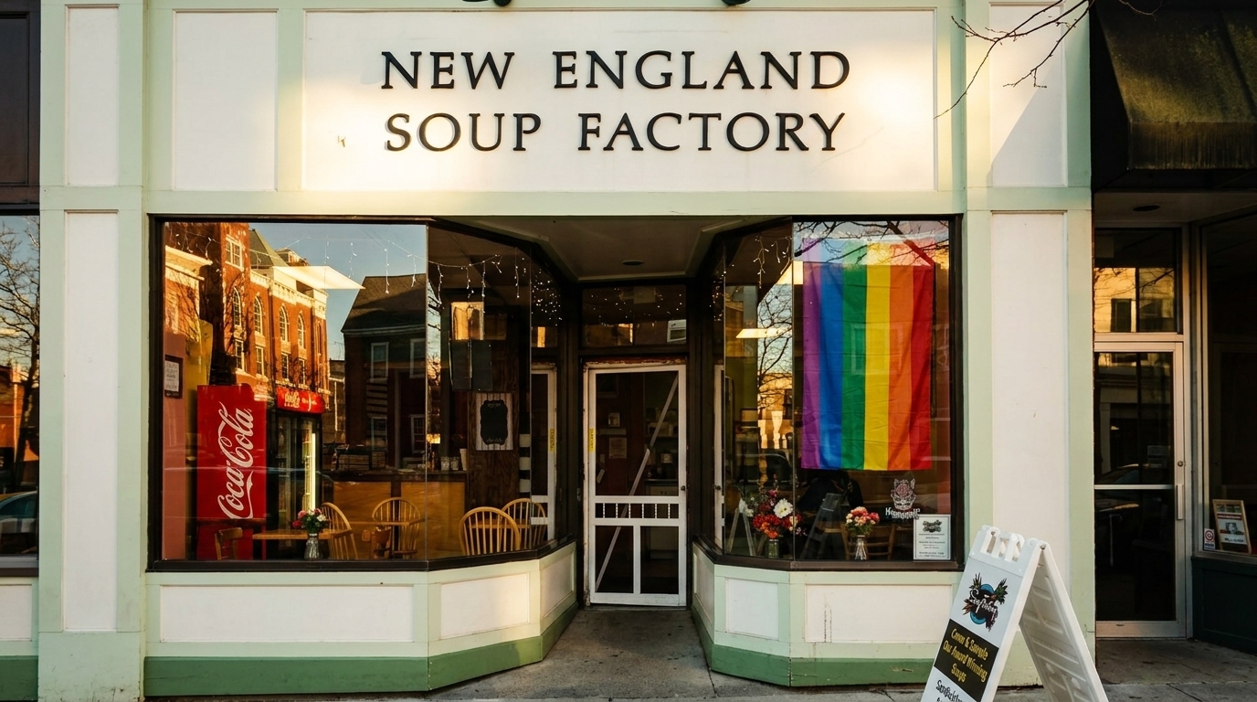 Exterior of New England Soup Factory with a rainbow flag in the window and an A-frame sign.