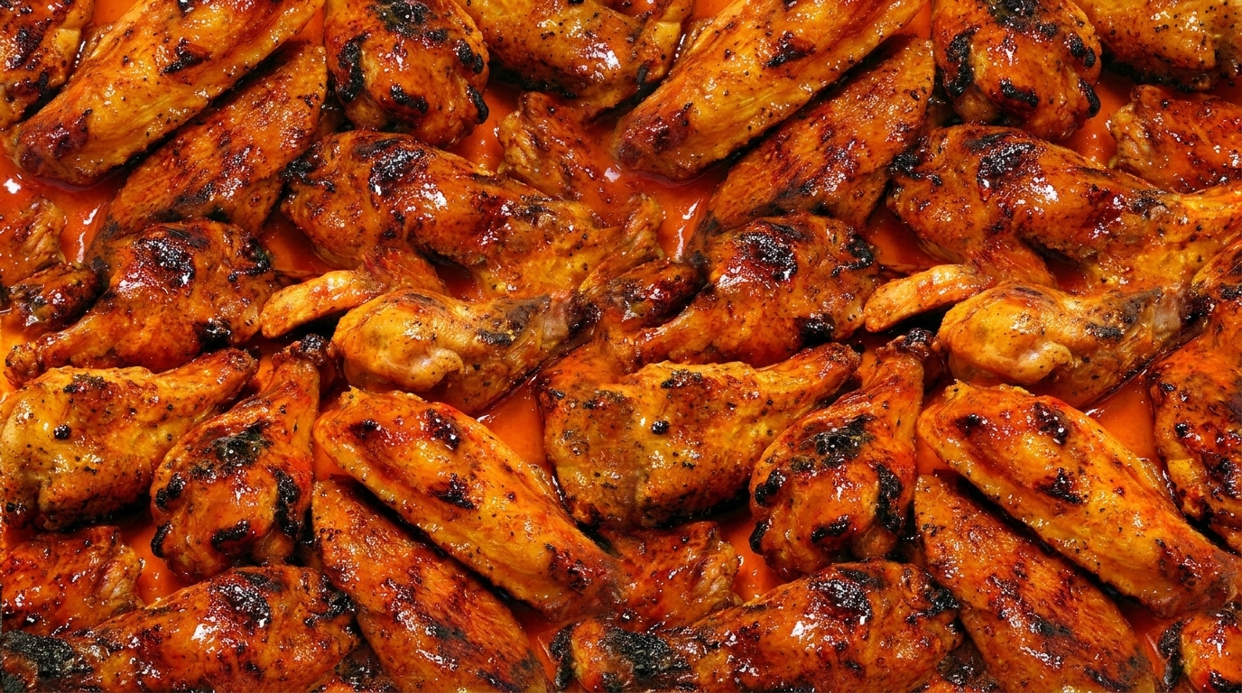 Close-up of numerous grilled chicken wings coated in a vibrant orange-red sauce.