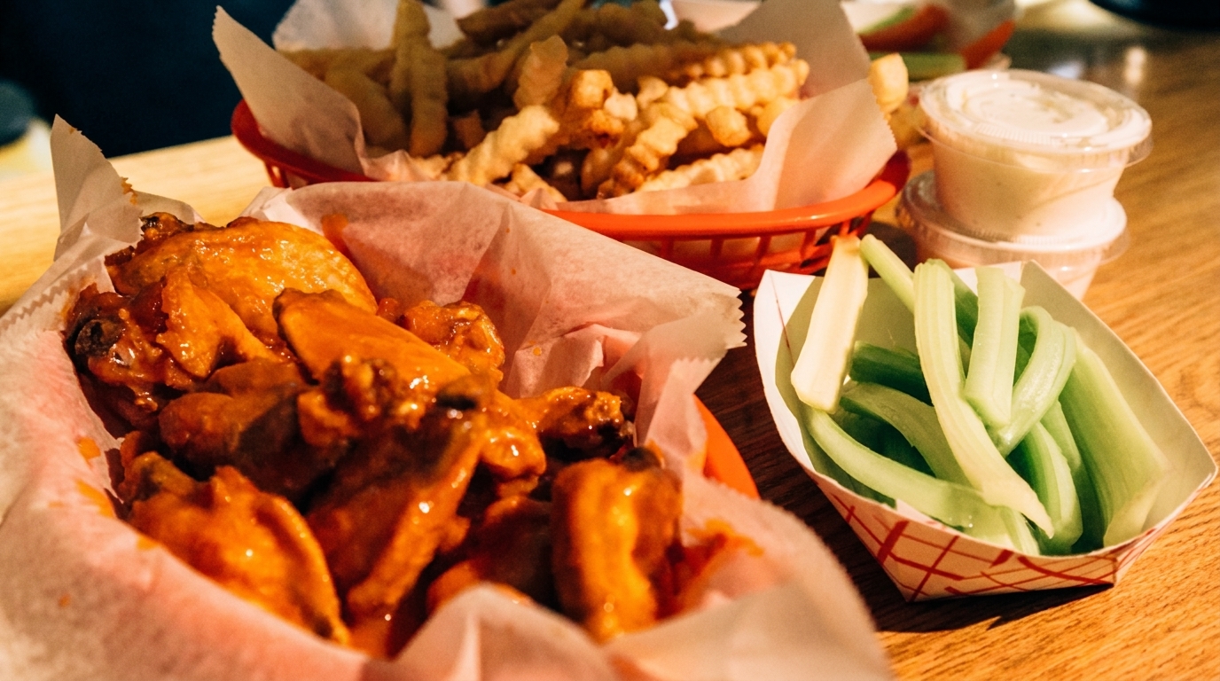 Baskets of buffalo wings, crinkle-cut fries, celery sticks, and dipping sauces on a wooden table.