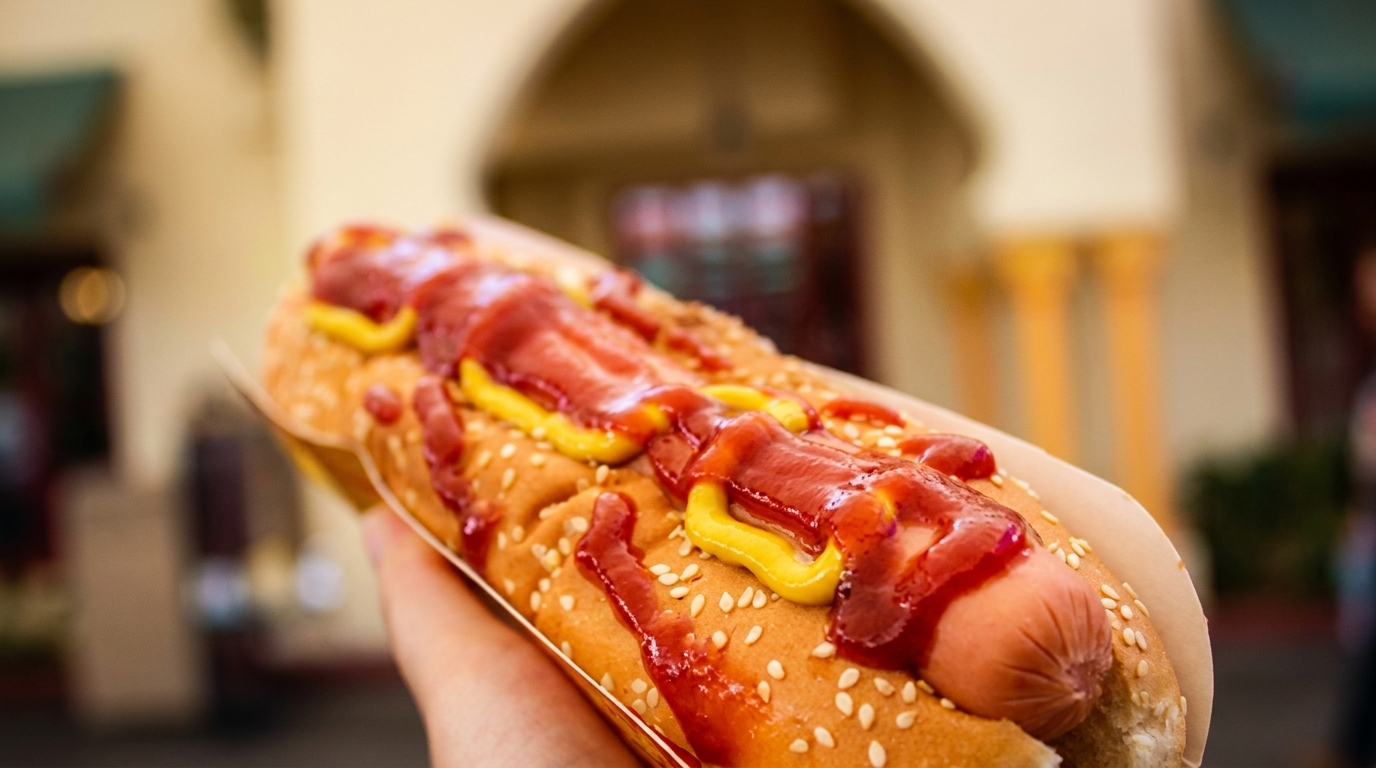 Hand holding a hot dog with ketchup and mustard on a sesame seed bun.