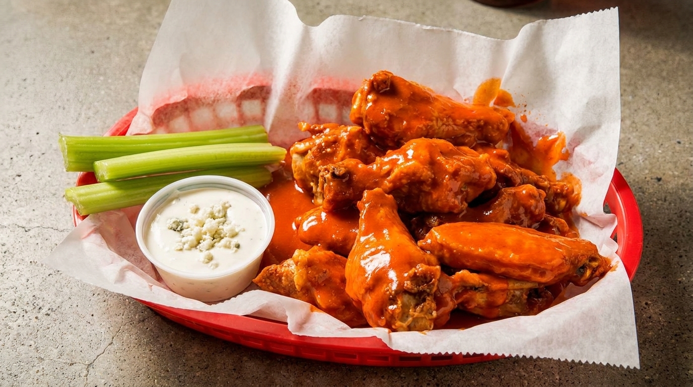 Buffalo wings in a red basket with celery sticks and blue cheese dressing.