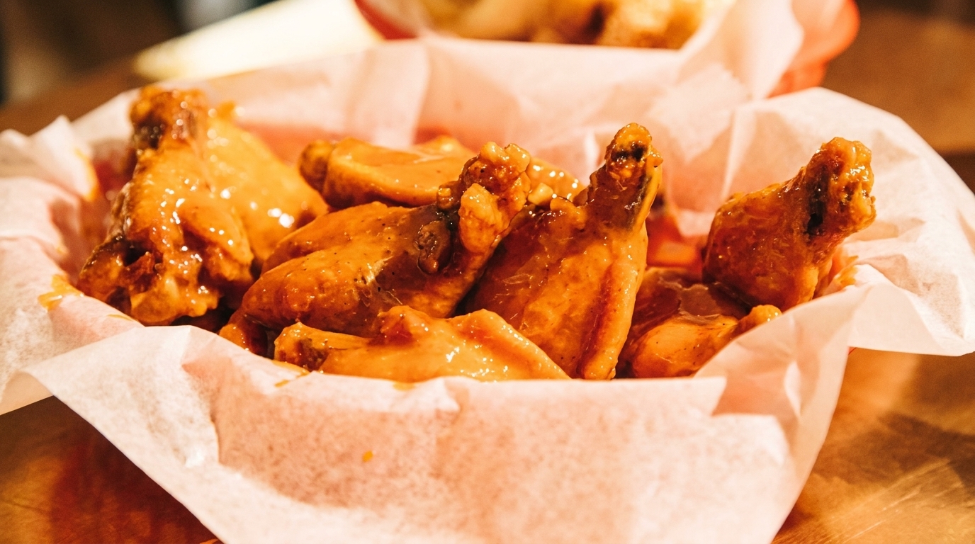 Close-up of a basket of golden-brown chicken wings coated in a glossy sauce, lined with white paper.