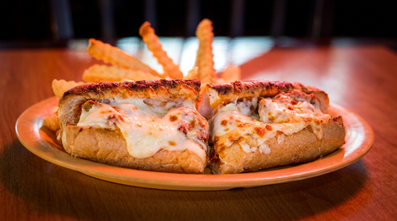 Two cheesy meatball subs with crinkle-cut fries on an orange plate on a wooden table.