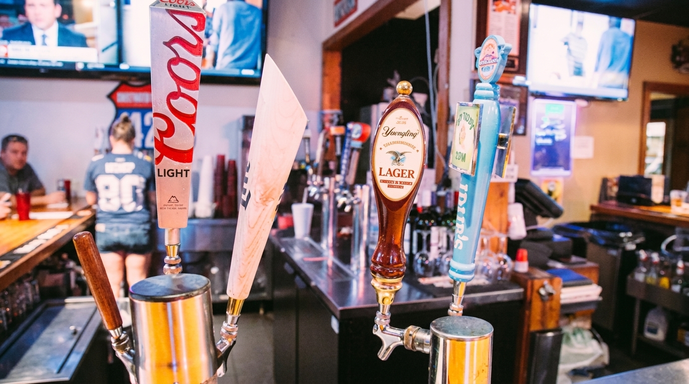 Close-up of beer taps at a bar, with patrons and TVs in the blurred background.