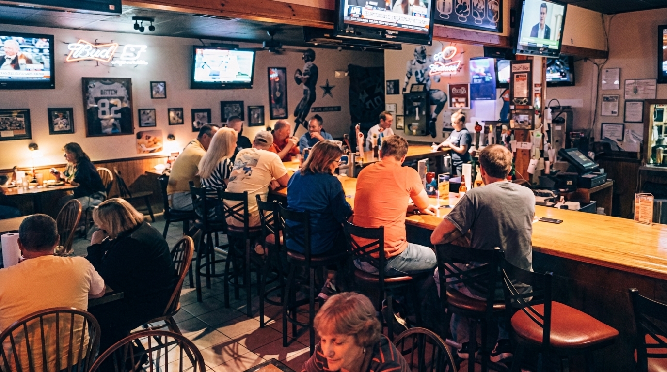 Patrons seated at a lively bar and tables in a dimly lit sports-themed restaurant.