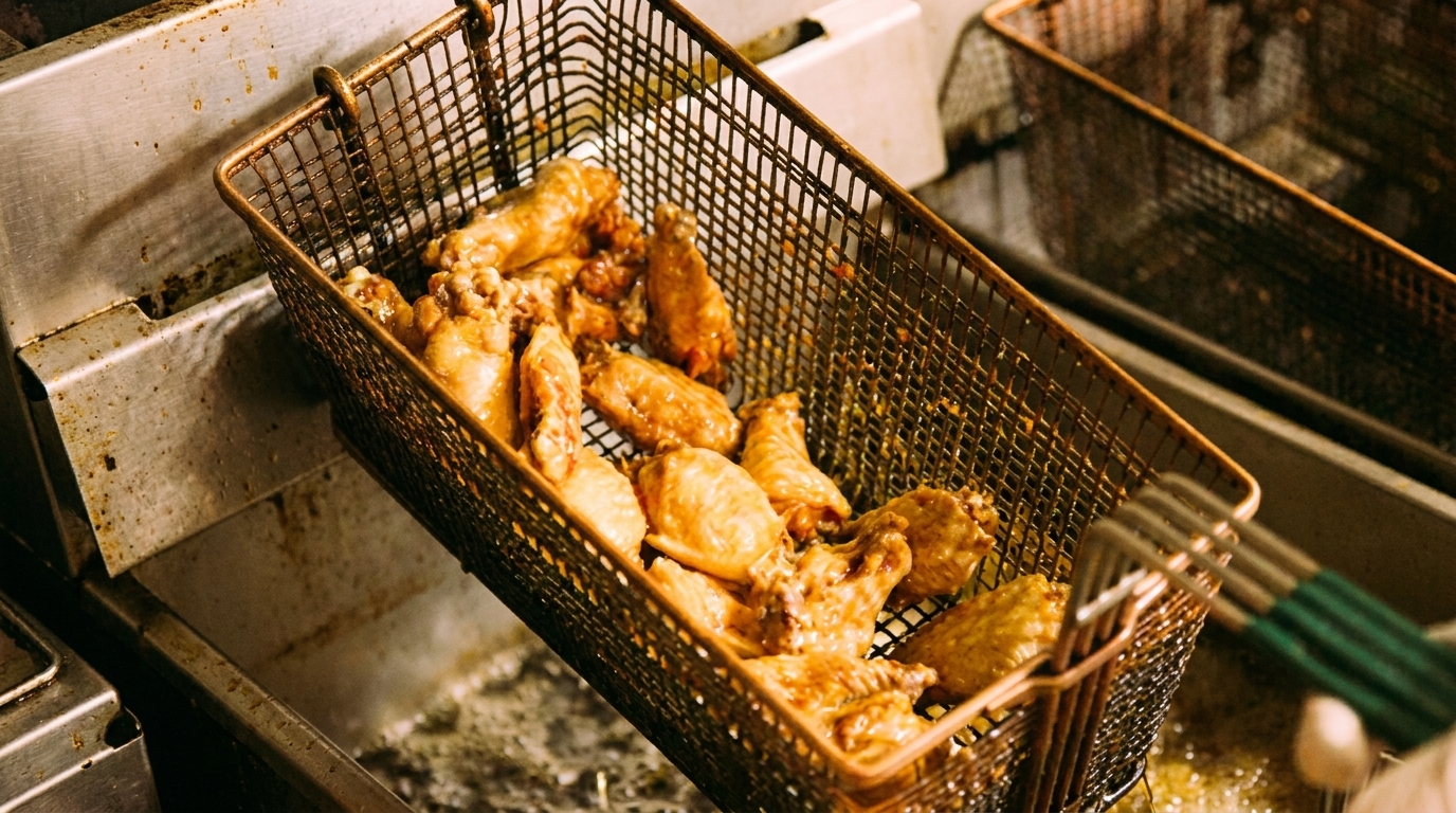 Chicken wings frying in a metal basket, submerged in hot oil within a deep fryer.