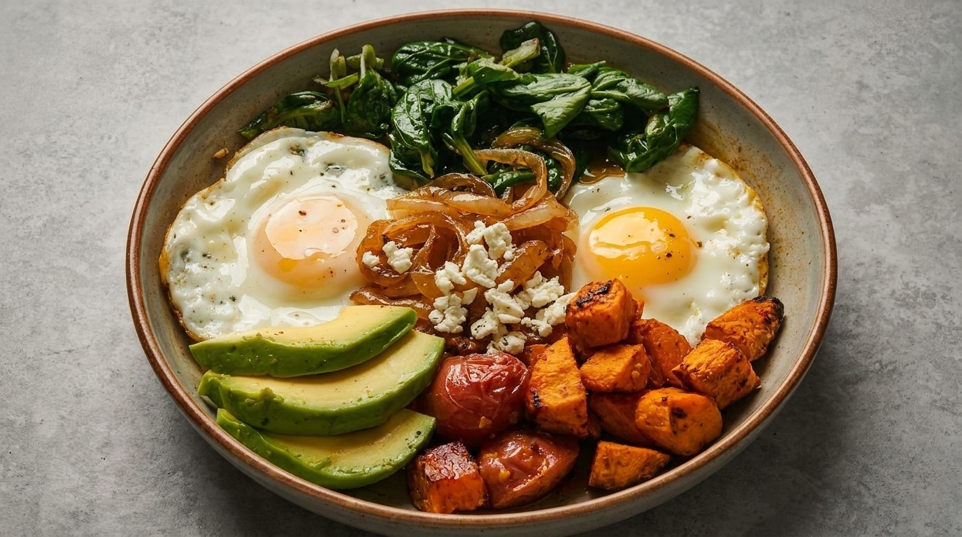 Breakfast bowl with fried eggs, spinach, caramelized onions, avocado, roasted tomatoes, and sweet potatoes.