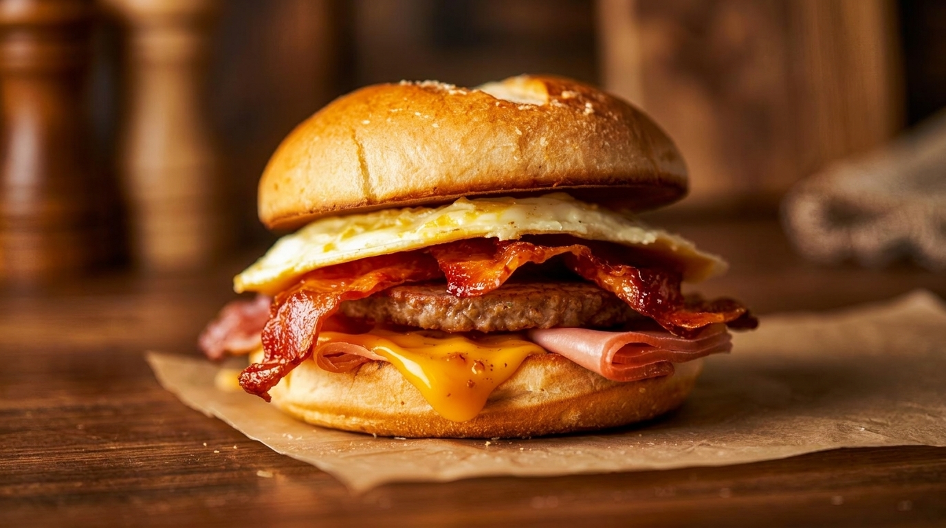 A breakfast sandwich with egg, bacon, sausage, ham, and melted cheese on a bun.
