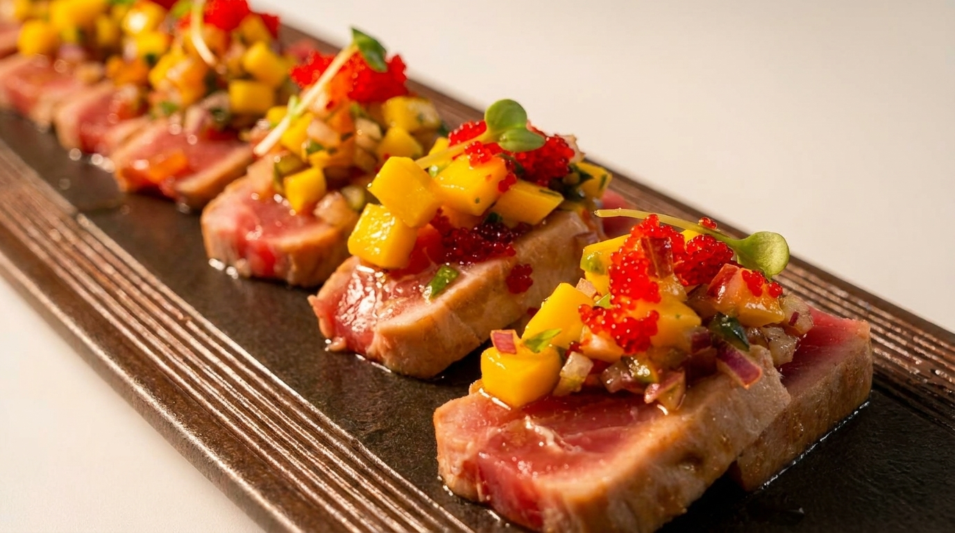 Seared tuna slices topped with mango salsa, red tobiko, and microgreens on a dark rectangular plate.