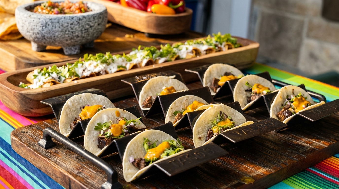 A vibrant spread of tacos, taquitos, salsa, and peppers on a colorful striped tablecloth.