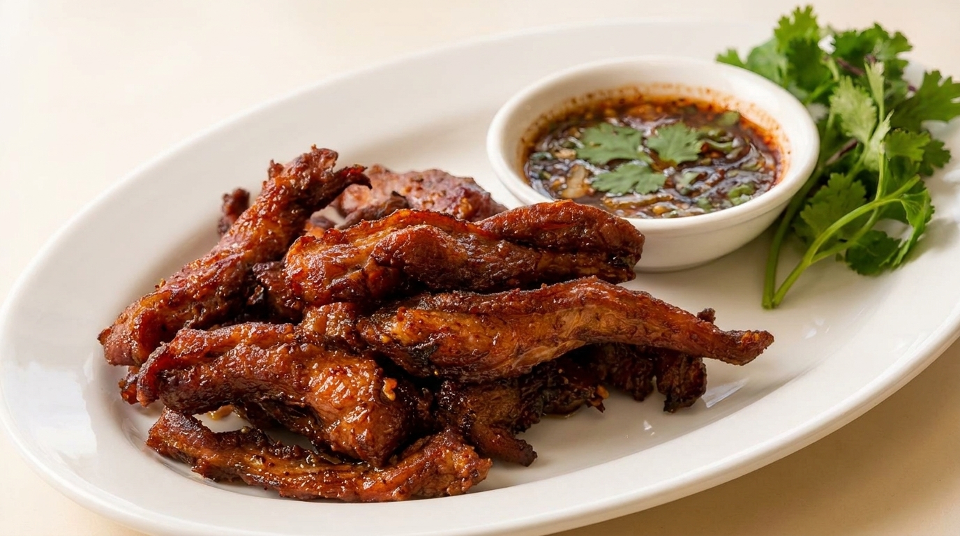 Crispy fried pork strips with a side of dipping sauce and fresh cilantro on a white plate.