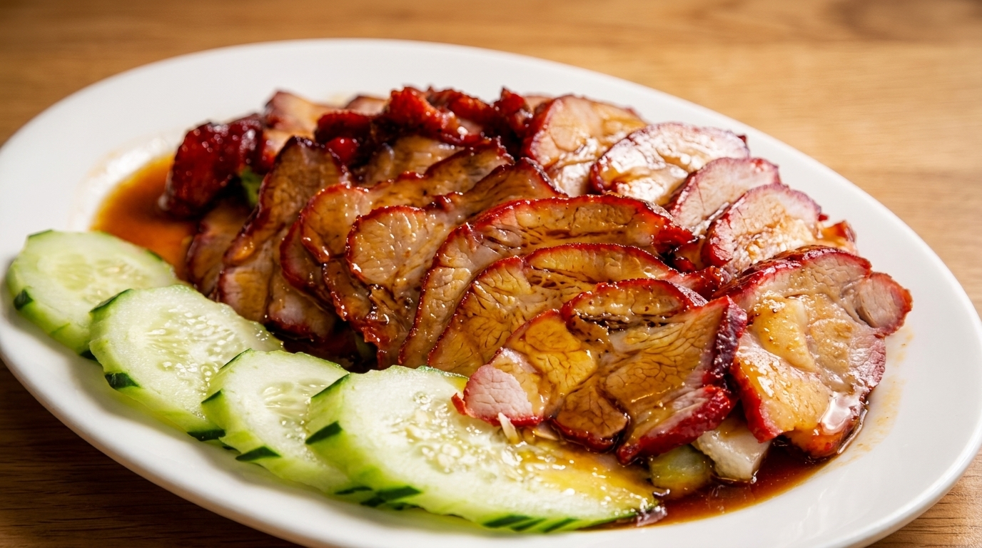 Sliced char siu (barbecue pork) with a glossy sauce and cucumber slices on a white plate.