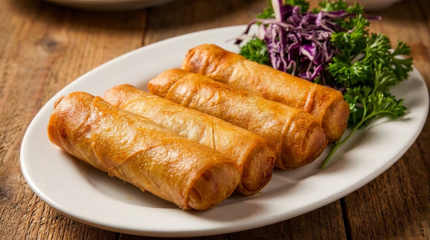 Four golden-brown spring rolls on a white plate, garnished with red cabbage and parsley.