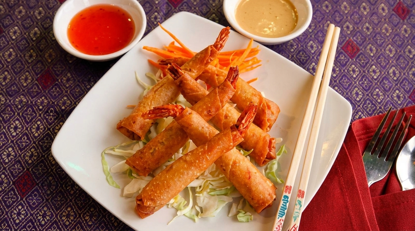 Golden fried shrimp spring rolls with shredded cabbage, carrots, and dipping sauces on a purple tablecloth.