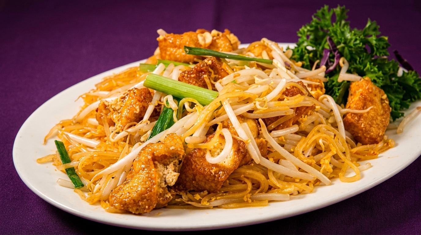 Thai Pad Thai rice noodles with tofu, bean sprouts, and green onions on a white plate.