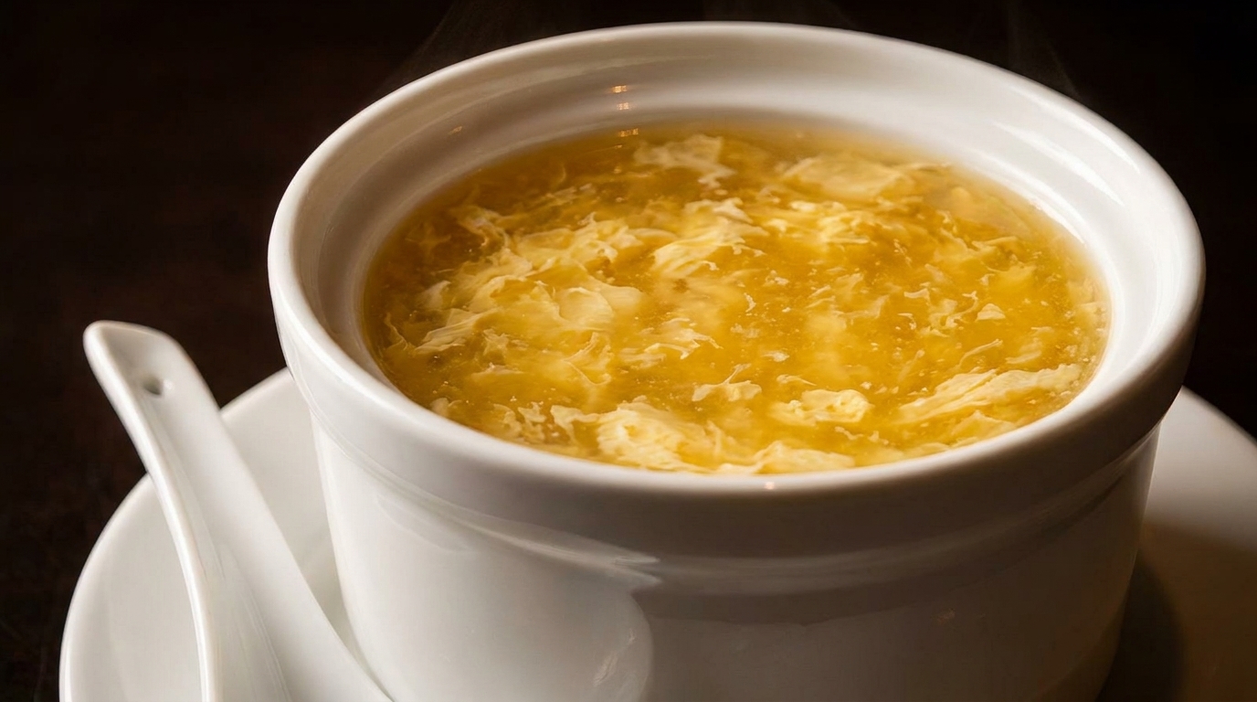 Steaming hot egg drop soup in a white bowl with a white spoon on a dark background.