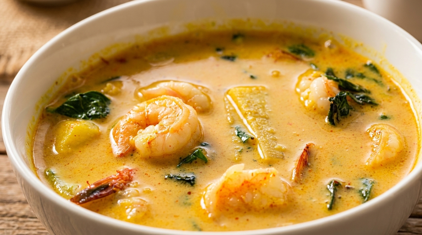 Thai yellow curry with shrimp and green vegetables in a white bowl.