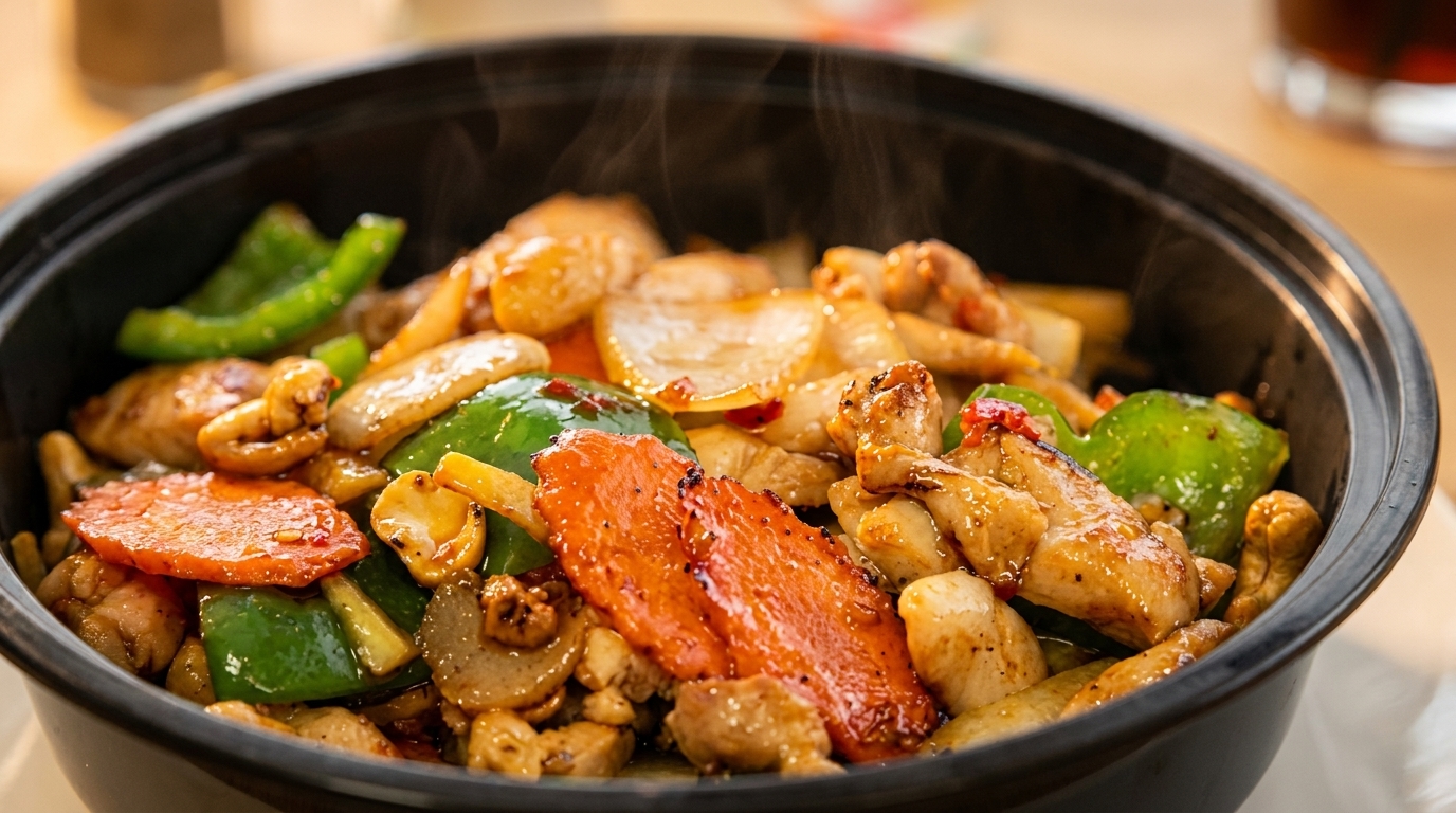Thai stir-fried chicken with green peppers, carrots, and onions in a black bowl.