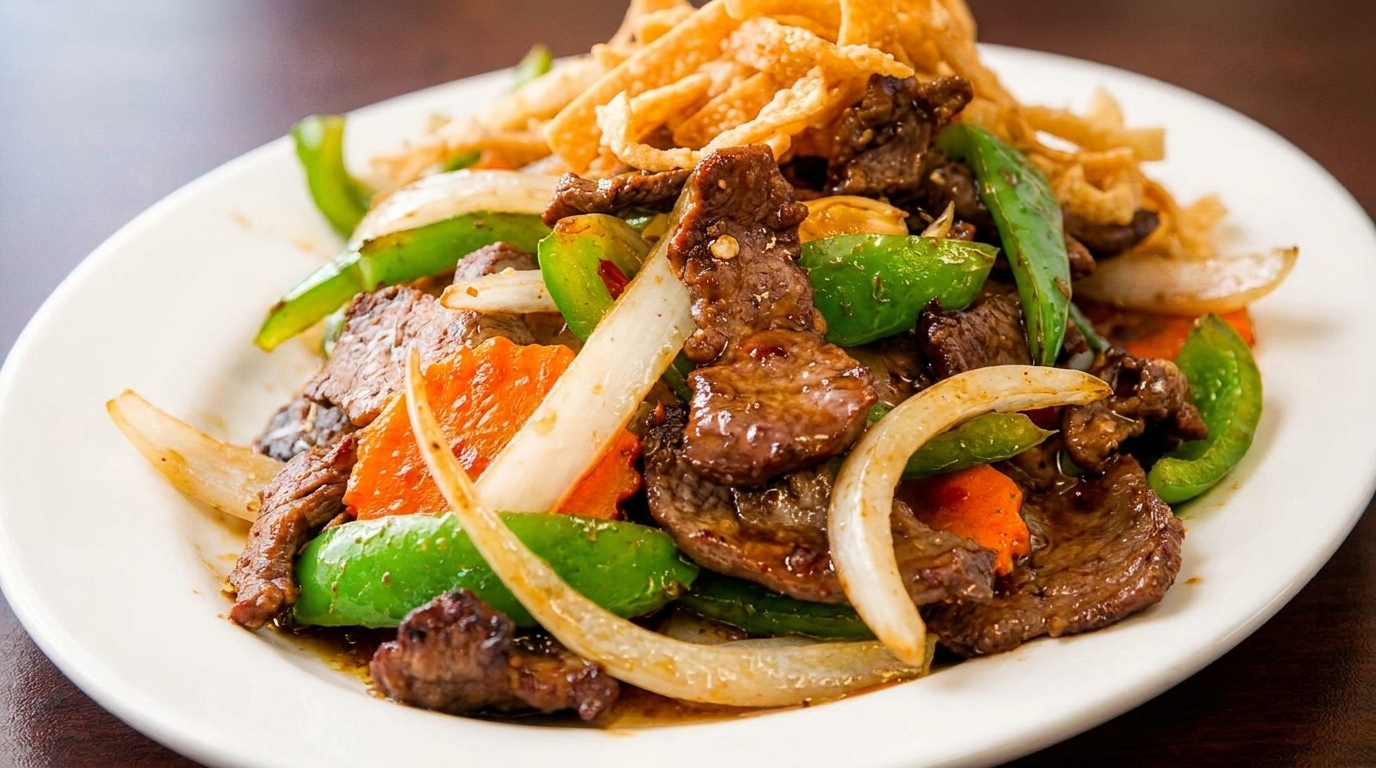 Thai Mongolian beef stir-fried with green bell peppers, onions, carrots, and crispy noodles.