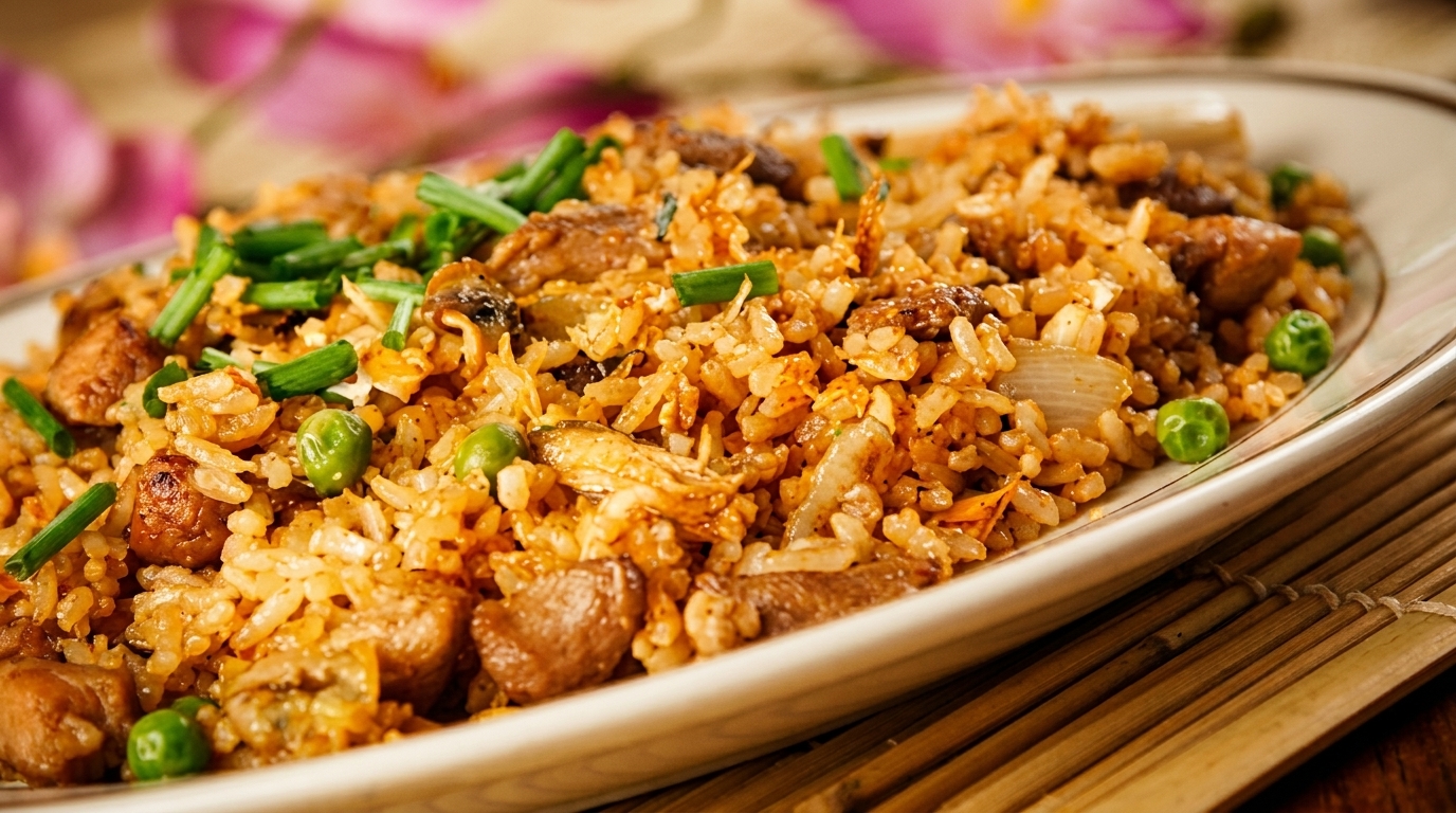 Close-up of fried rice with chicken, peas, and green onions on a white plate.