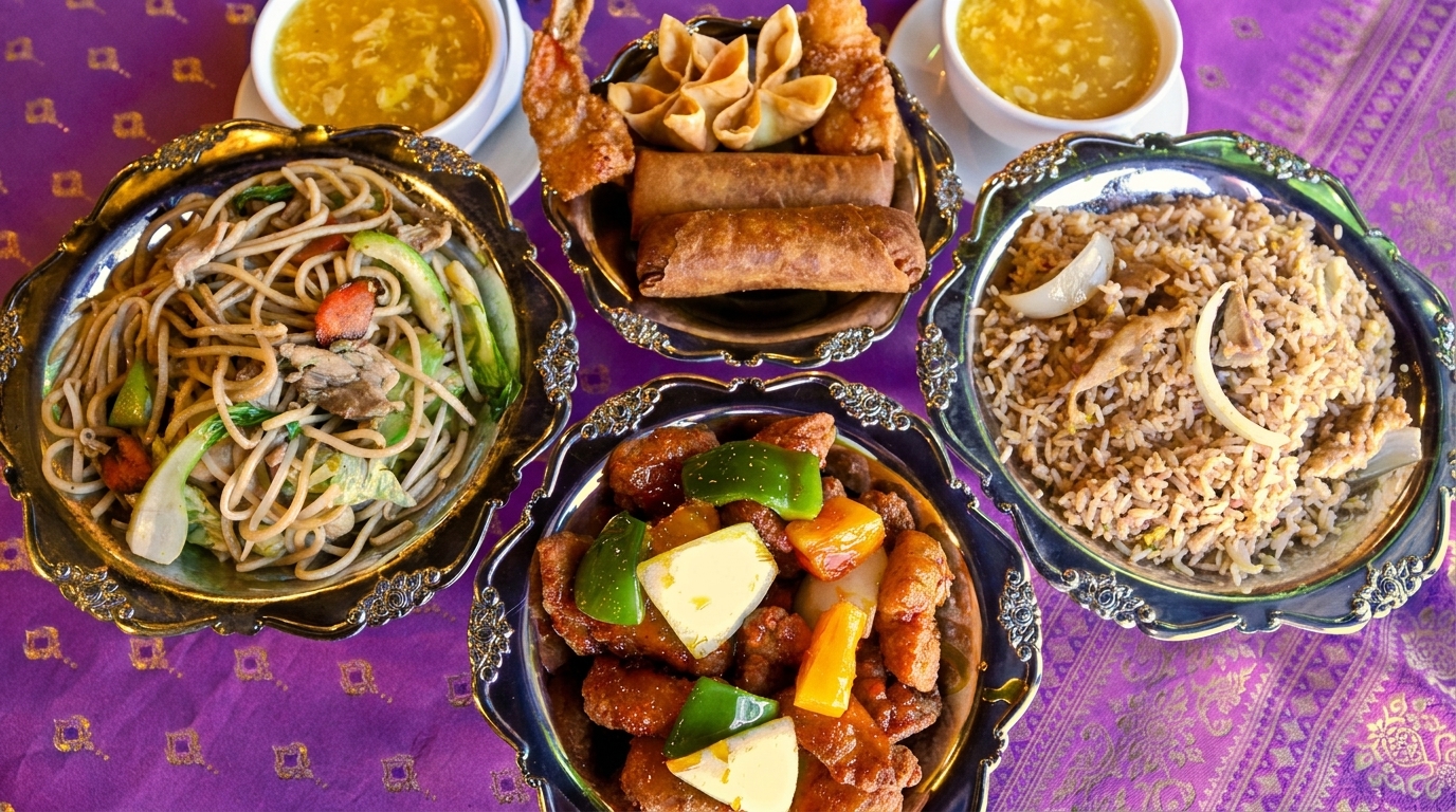 Assortment of Chinese dishes including noodles, fried rice, sweet and sour pork, and appetizers on a purple tablecloth.