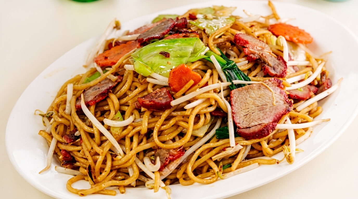 Thai stir-fried lo mein noodles with barbecue pork, bean sprouts, and vegetables.