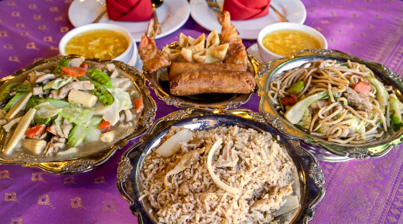 A vibrant spread of Chinese dishes, including stir-fry, fried rice, noodles, egg rolls, and soup.