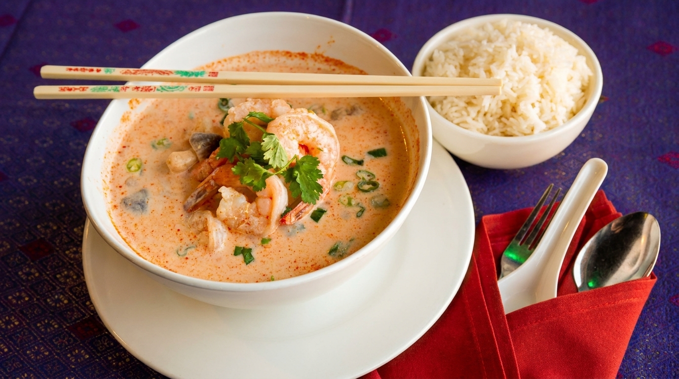 Thai Tom Yum Goong shrimp soup served with a side of steamed jasmine rice and chopsticks.