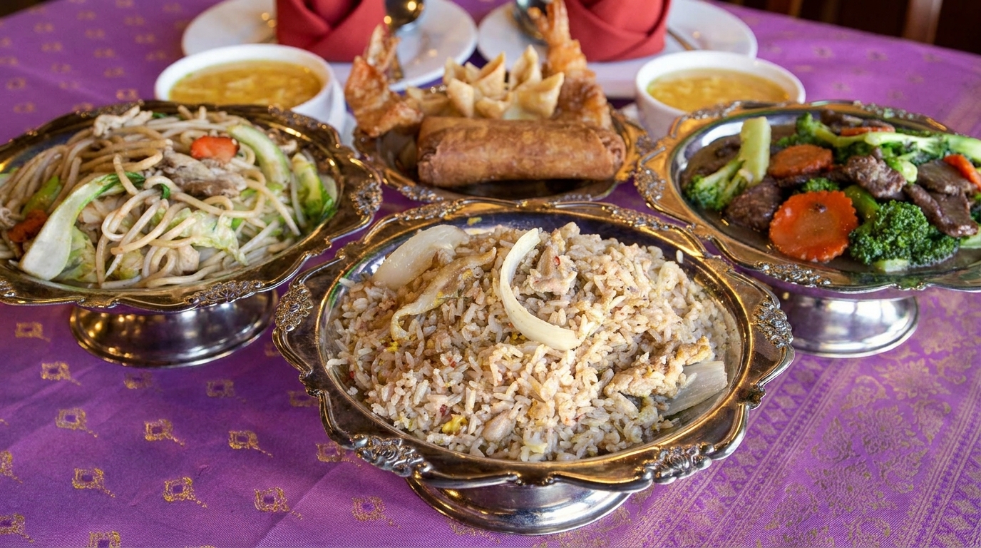 A vibrant spread of Asian dishes, including noodles, fried rice, beef and broccoli, and appetizers.