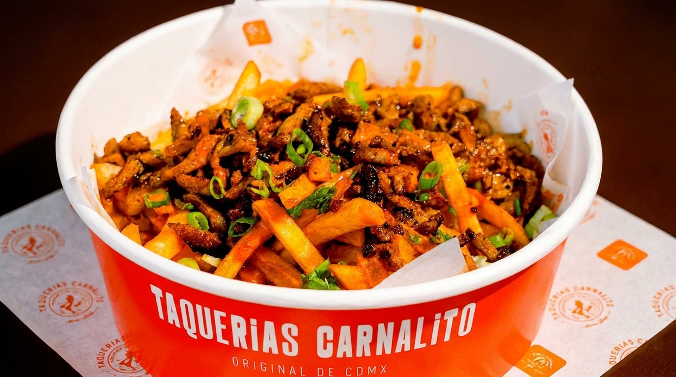 Taquerias Carnalito's loaded fries with meat and green onions in an orange and white cup.