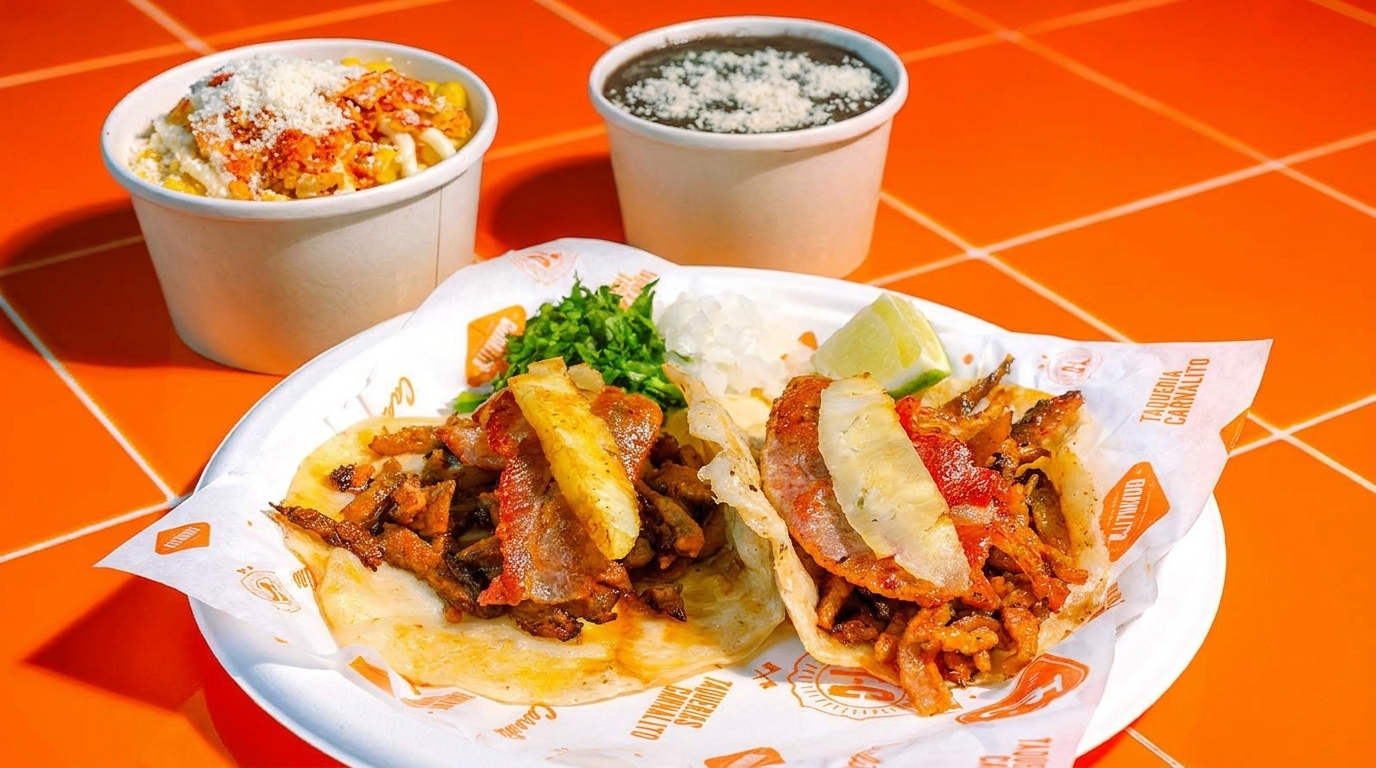 Two tacos with meat, pineapple, cilantro, and onions, with sides of elote and black beans.