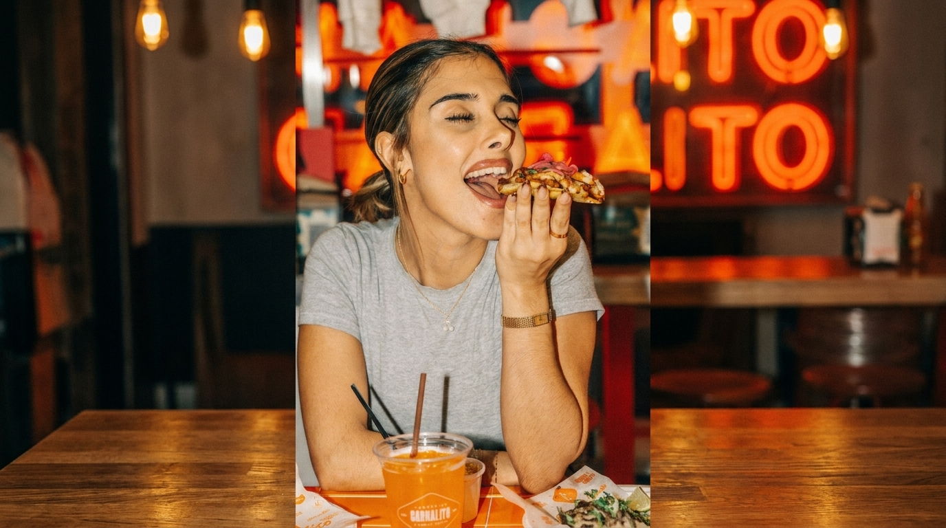 A woman with closed eyes happily bites into a taco at a restaurant with neon signs.