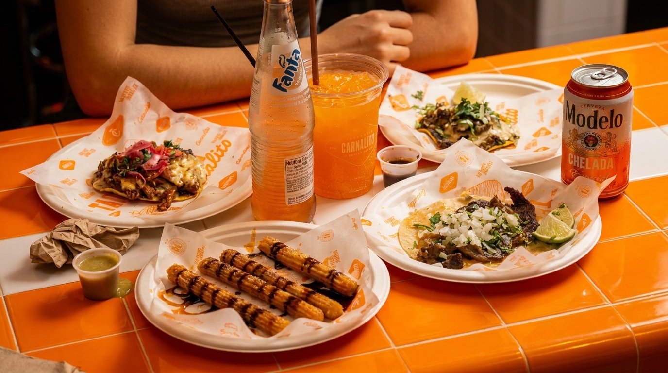 A vibrant orange tiled table laden with tacos, churros, Fanta, and Modelo beer.