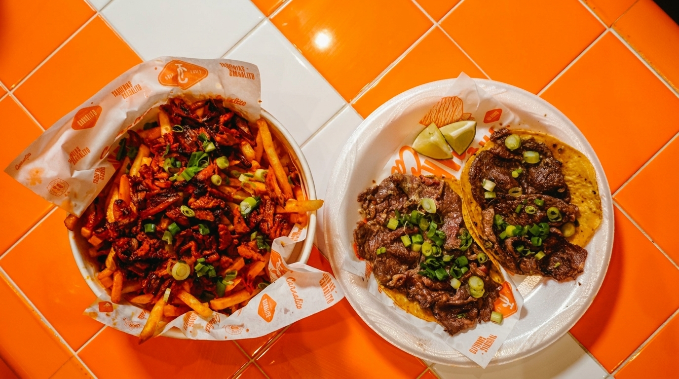 Loaded fries and two carne asada tacos with lime wedges on an orange and white tiled surface.