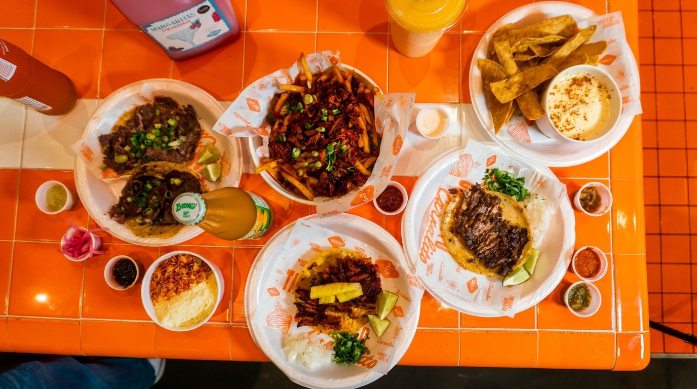 Overhead view of various Mexican dishes, including tacos, loaded fries, and chips with queso, on an orange tiled table.