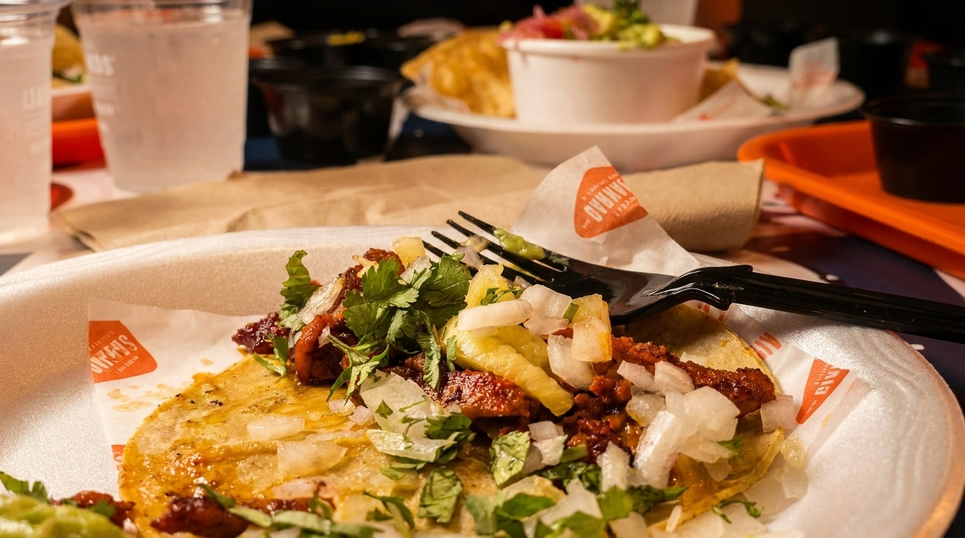 Close-up of a delicious al pastor taco with pineapple, onions, and cilantro on a white plate.