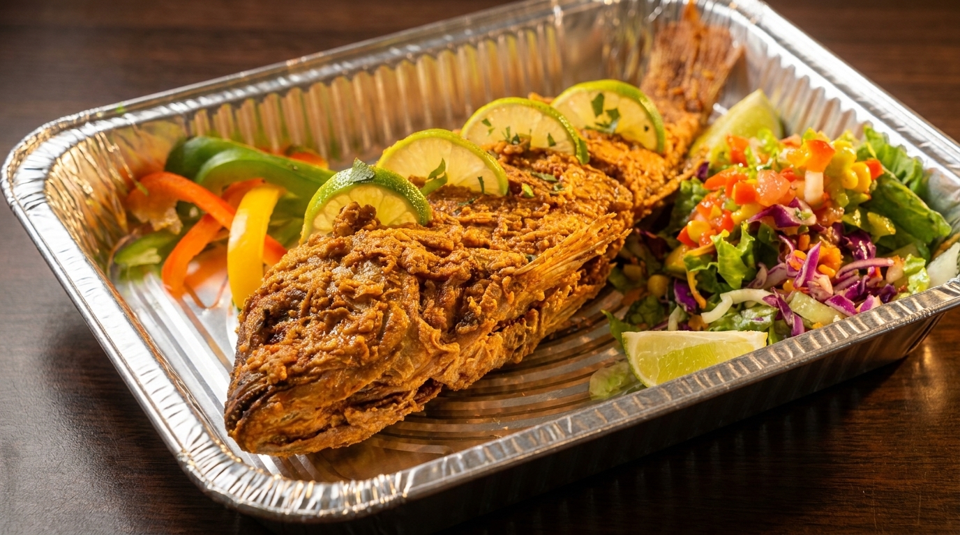 Crispy fried whole fish with lime slices, bell peppers, and a fresh garden salad in a foil tray.