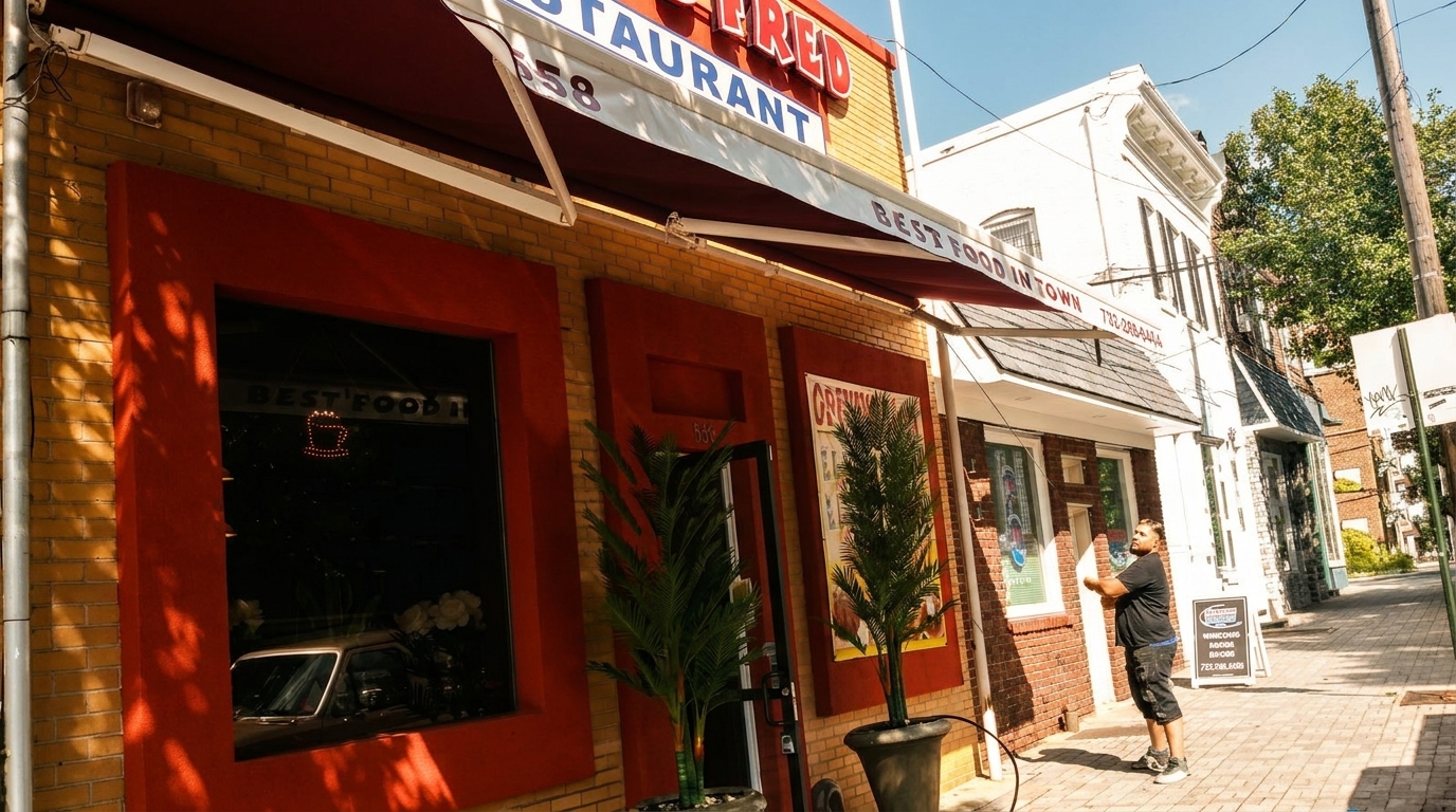 A red and yellow brick restaurant with awnings, potted plants, and a man standing outside.