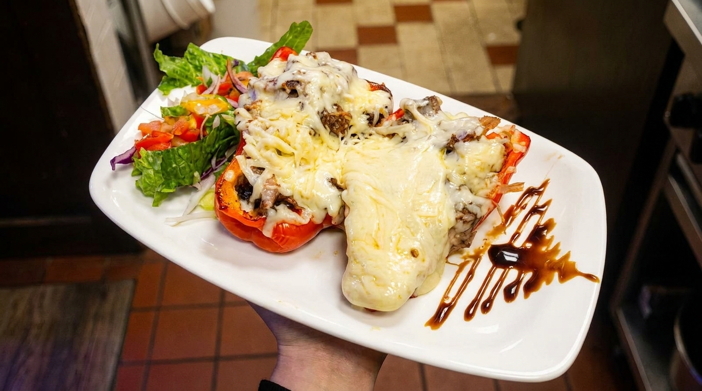 Two cheese-covered stuffed red bell peppers with a side salad on a white plate.