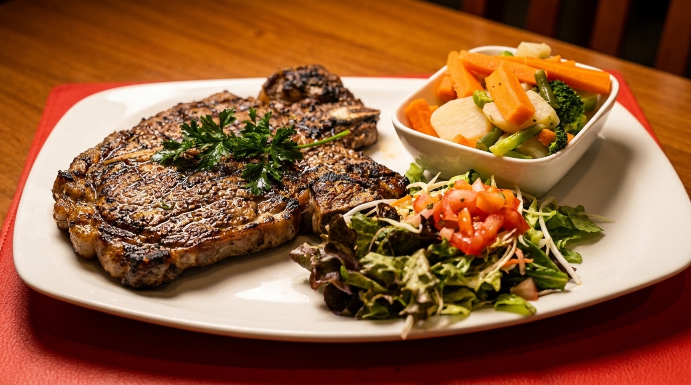 Grilled steak with parsley, a side salad with tomatoes, and a bowl of mixed vegetables.
