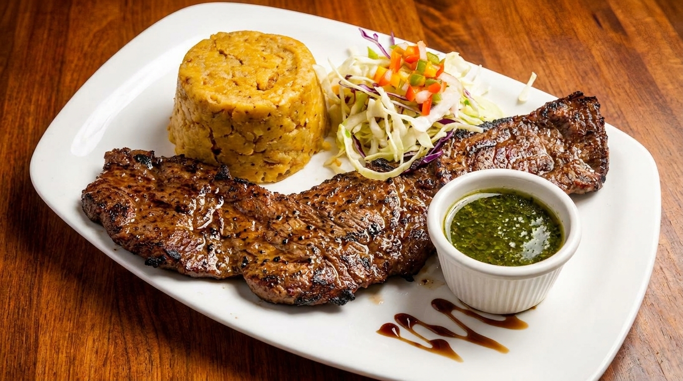 Grilled steak, mofongo, and coleslaw with a side of green sauce on a white plate.