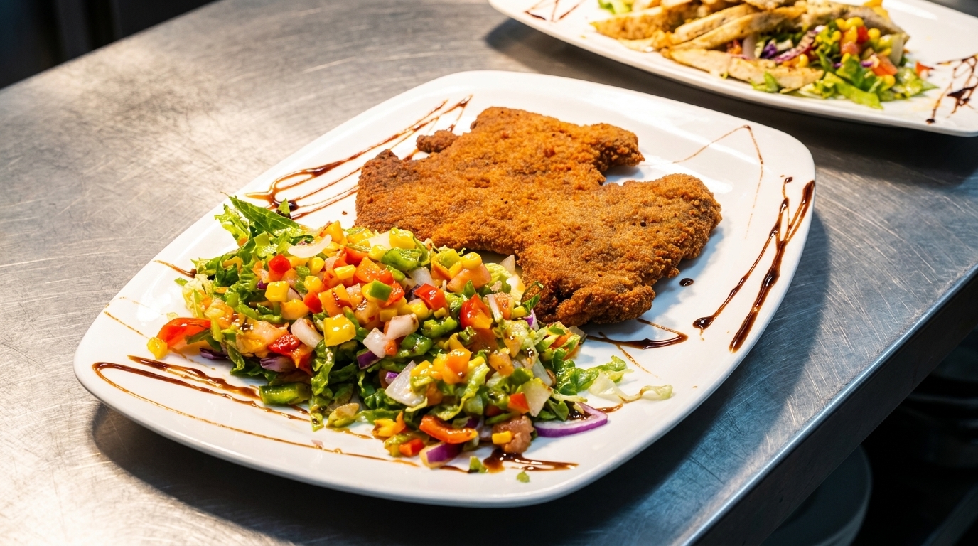 Crispy fried schnitzel with a colorful fresh salad on a white plate, drizzled with balsamic glaze.